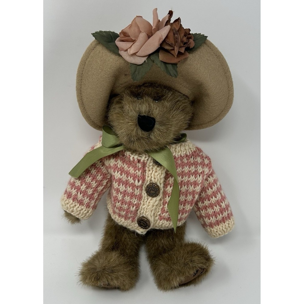 Boyds Bears Mrs. Mertz Collectible Plush Teddy Bear Pink & Cream Sweater Flowers